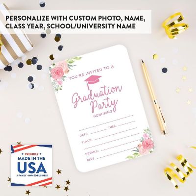 24 Graduation Invitations Pink Peach Roses Image 1