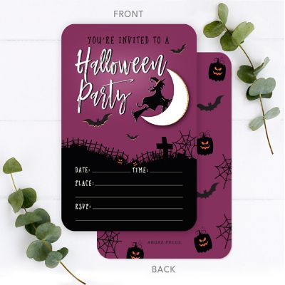 24 Halloween Invitations Purple Witch Image 1