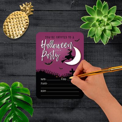 24 Halloween Invitations Purple Witch Image 1