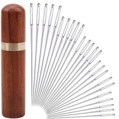 25 Hand Sewing Needles with Big Eyes, Sharp Tips, and Solid Wood Needle Case for Easy Storage Image 1