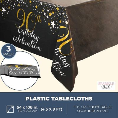 3 Pack 90th Birthday Plastic Tablecloths, Rectangular Table Covers for Party Supplies, 54x108" Image 1