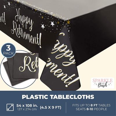 3 Pack Disposable Rectangle Plastic Tablecloths, Happy Retirement Party Table Covers 54" x 108" Image 1