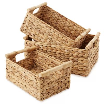 3-Piece Hyacinth Rectangular Storage Basket Set W/ Wood Handles, Natural Wicker Image 1