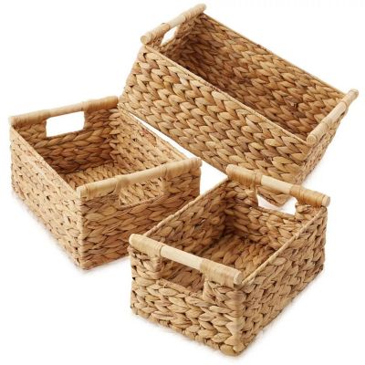 3-Piece Hyacinth Rectangular Storage Basket Set W/ Wood Handles, Natural Wicker Image 1