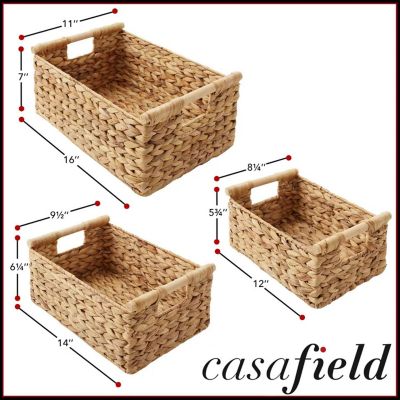 3-Piece Hyacinth Rectangular Storage Basket Set W/ Wood Handles, Natural Wicker Image 2
