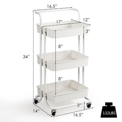 3 Tier Rolling Cart W/Wheels Practical Handle&amp;ABS Storage Basket Organizer White Image 2