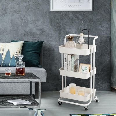3 Tier Rolling Cart W/Wheels Practical Handle&amp;ABS Storage Basket Organizer White Image 3