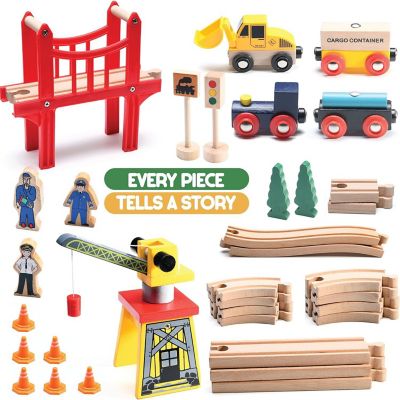 38 Pcs Wood Train Track Set for Toddlers 2-4 Years with Crane, Bridge & Accessories - Compatible with All Major Brands - Play22Usa Image 1