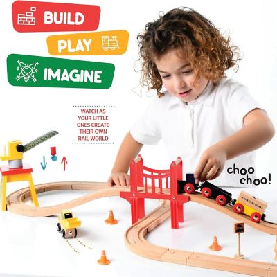 38 Pcs Wood Train Track Set for Toddlers 2-4 Years with Crane, Bridge & Accessories - Compatible with All Major Brands - Play22Usa Image 2