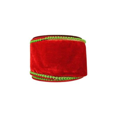 4" Beaded Pom Edge Ribbon: Red/Lime (10 Yards) Image 1