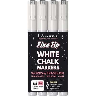 4-Pack Fine Tip White Chalk Markers - Includes 2 3mm Reversible Bullet, Chisel Tips - Works on Chalkboard, Blackboard Image 1