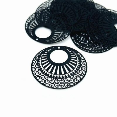 4 Pcs Black Pressed Round Pendants Image 1
