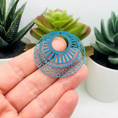4 Pcs Blue Pressed Round Pendants Image 1