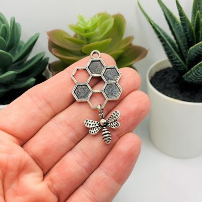4 Pcs Honeycomb Charms with Hanging Bee Image 1