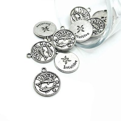 4 Pcs Silver Pisces Zodiac Coin Charms Image 1