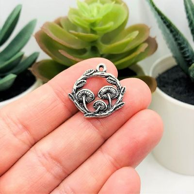 4 Pcs Silver Round Mushroom Charms Image 1
