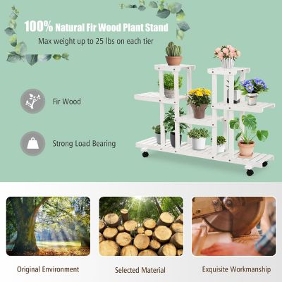 4-Tier Rolling Flower Rack Wood Plant Stand Casters 12 Pots Bonsai Display Shelf Image 3