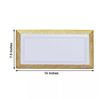 4 White Rectangular SERVING TRAYS Gold Metallic Lace Rim Design Party Event Image 1
