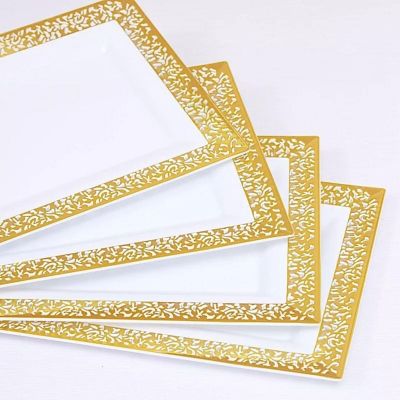 4 White Rectangular SERVING TRAYS Gold Metallic Lace Rim Design Party Event Image 2