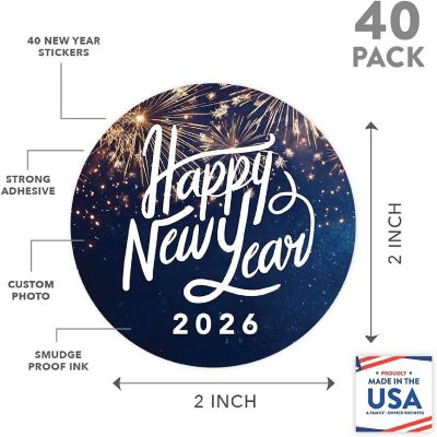 40 Round Sticker Fireworks Blue New Year Image 3