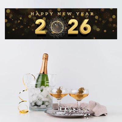 47x13 Black Gold Clock Hanging Banner Image 3