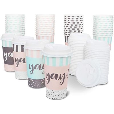 48 Pack Disposable 16oz Coffee Cups with Lids, 4 Assorted Yay Designs Image 1