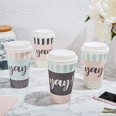 48 Pack Disposable 16oz Coffee Cups with Lids, 4 Assorted Yay Designs Image 1
