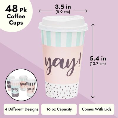 48 Pack Disposable 16oz Coffee Cups with Lids, 4 Assorted Yay Designs Image 2