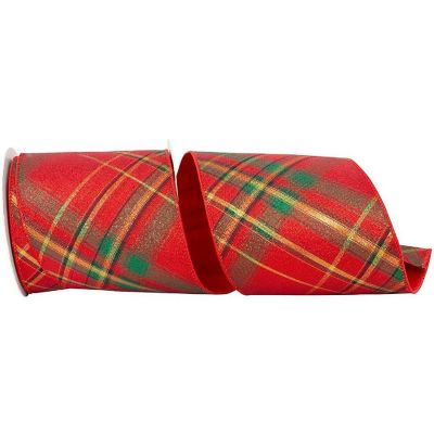 4in Metallic Diagonal Plaid Ribbon: Red (10 Yards) Image 1