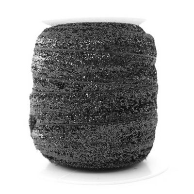5/8" x 20 Yards Fold Over Elastic Stretch Black Glitter Trim Image 1