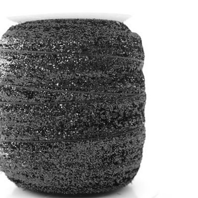 5/8" x 20 Yards Fold Over Elastic Stretch Black Glitter Trim Image 1