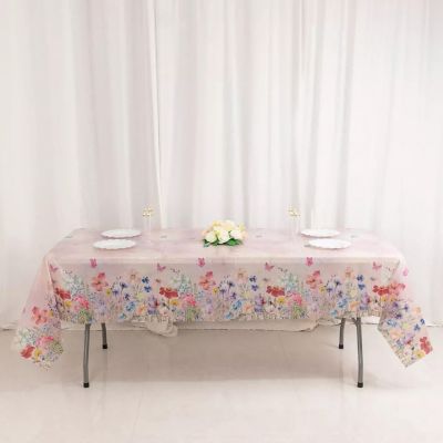 5 Blush Rectangular 54" x 108" Plastic Tablecloths with Butterfly Floral Print Image 1