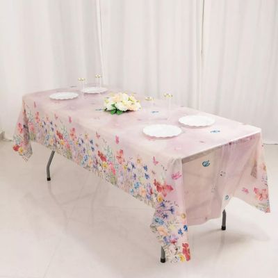 5 Blush Rectangular 54" x 108" Plastic Tablecloths with Butterfly Floral Print Image 2