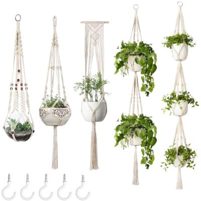 5-Pack Macrame Plant Hangers - Indoor Hanging Baskets with Hooks Image 1