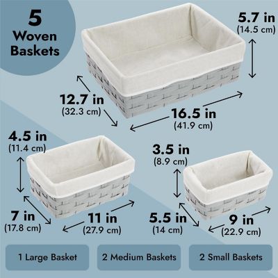5 Pack Wicker Nesting Baskets with Cloth Lining for Storage, Pantry Shelves, Closet (Gray, 3 Sizes) Image 3