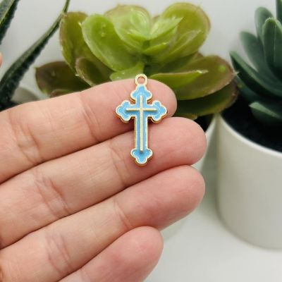 50 Pcs Light Blue Enamel Cross Charms Image 1