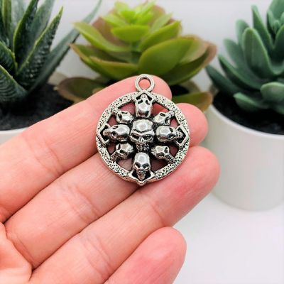 50 Pcs Silver Round Skull Pendant Charms Image 1