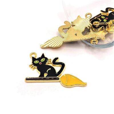 50 Pieces Black Witch Cat on Broom Charm Image 1