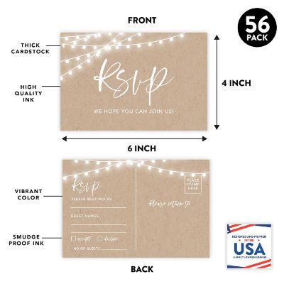 56-Pack RSVP Postcards Rustic String Lights Cardstock Response Reply Cards Image 1