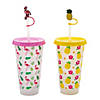 6 3/4&quot; 24 oz. Pineapple &amp; Flamingo Reusable Plastic Straw Cups with Toppers -  6 Pc.     Image 1