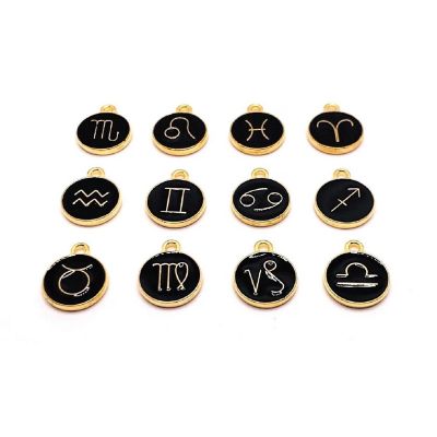 60 Pcs Black Round Zodiac Charms Image 1