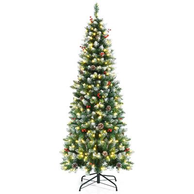 6ft Pre-lit Artificial Hinged Pencil Christmas Tree Decorated Snow Flocked Tips Image 1