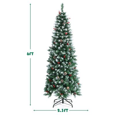 6ft Pre-lit Artificial Hinged Pencil Christmas Tree Decorated Snow Flocked Tips Image 3