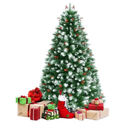 6ft Unlit Hinged Artificial Christmas Tree w/Snow Flocked Tips and Red Berries Image 1