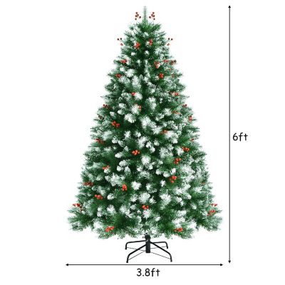 6ft Unlit Hinged Artificial Christmas Tree w/Snow Flocked Tips and Red Berries Image 3