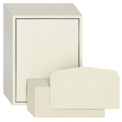 72 Piece Stationery Set for Writing Letters with 48 Ecru and Black Border Paper Sheets and 24 Envelopes, 8.5 x 11 Image 1