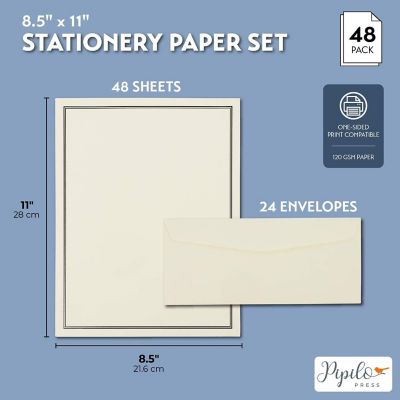 72 Piece Stationery Set for Writing Letters with 48 Ecru and Black Border Paper Sheets and 24 Envelopes, 8.5 x 11 Image 1