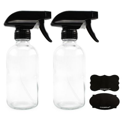 8-Ounce Clear Glass Spray Bottles (2-Pack); Boston Round Bottles w/ 3-Setting Adjustable Black Heavy Duty Sprayers & Chalk Labels Image 1