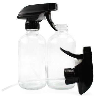 8-Ounce Clear Glass Spray Bottles (2-Pack); Boston Round Bottles w/ 3-Setting Adjustable Black Heavy Duty Sprayers & Chalk Labels Image 1
