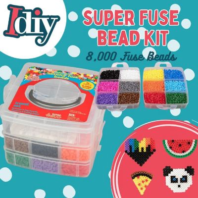 8,000pc Fuse Bead Super Kit w Carrying Case -Presorted 12 Colors, Tweezers, Peg Boards, Iron Paper- Works w Perler- Melting Craft Gift, Pixel Art Project, Kids Image 1